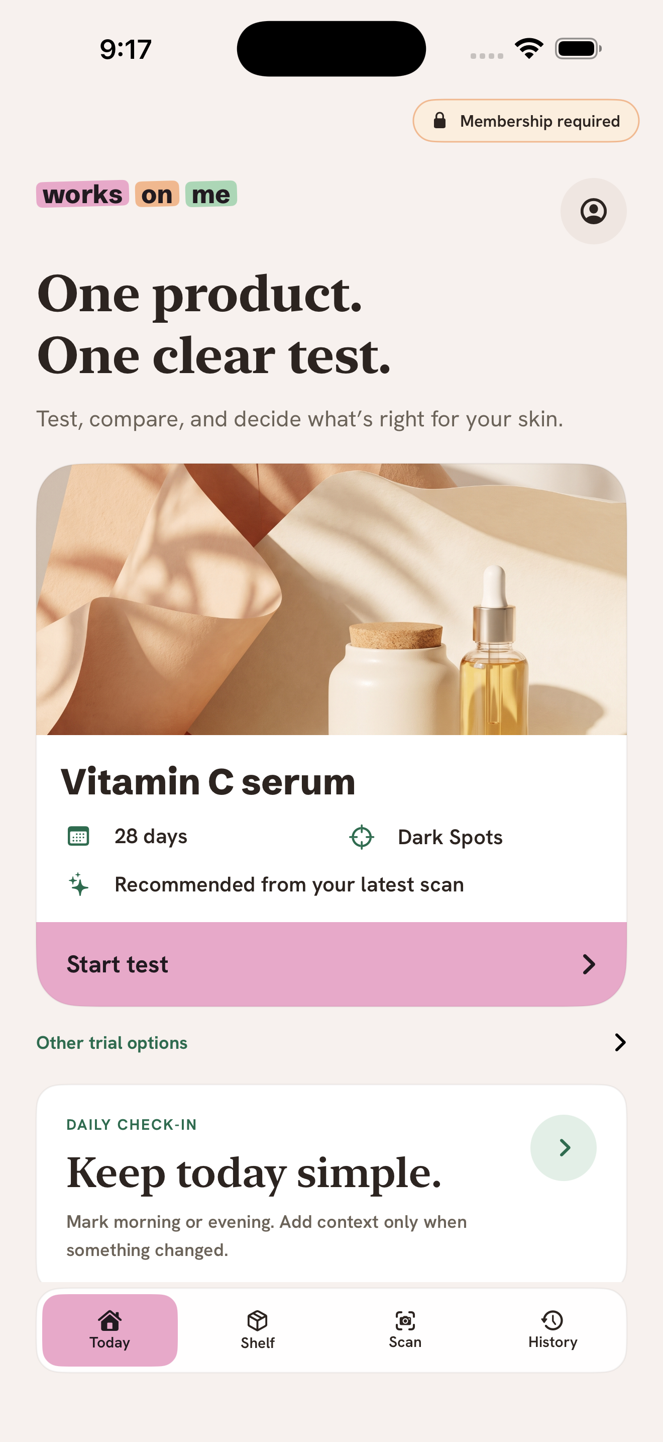 Works On Me home screen showing the next product test and daily check-in