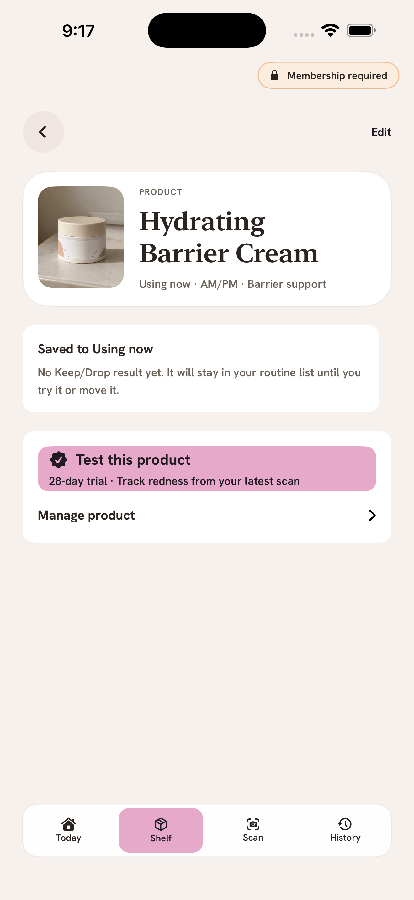 Works On Me product shelf screen with tracked product context
