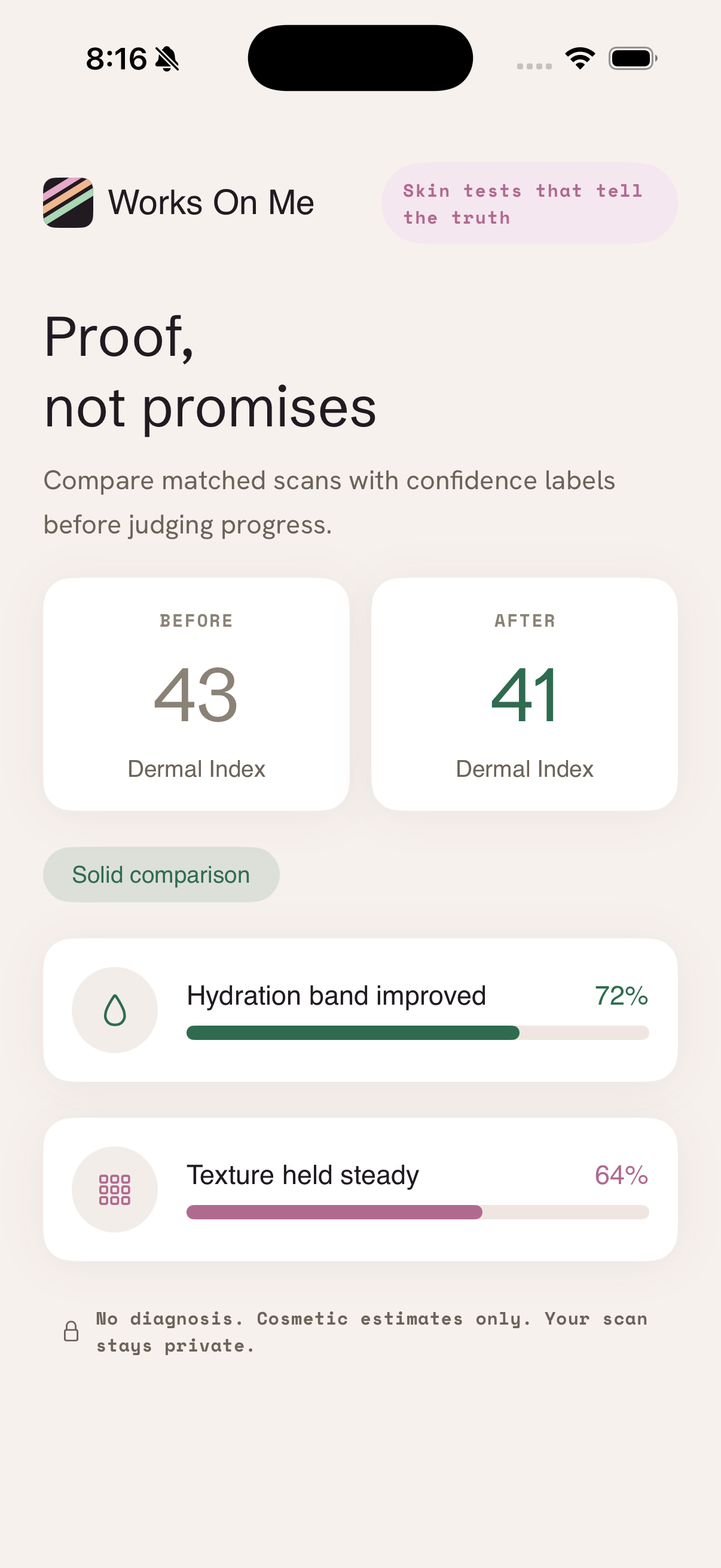 Works On Me progress comparison screen showing proof over time