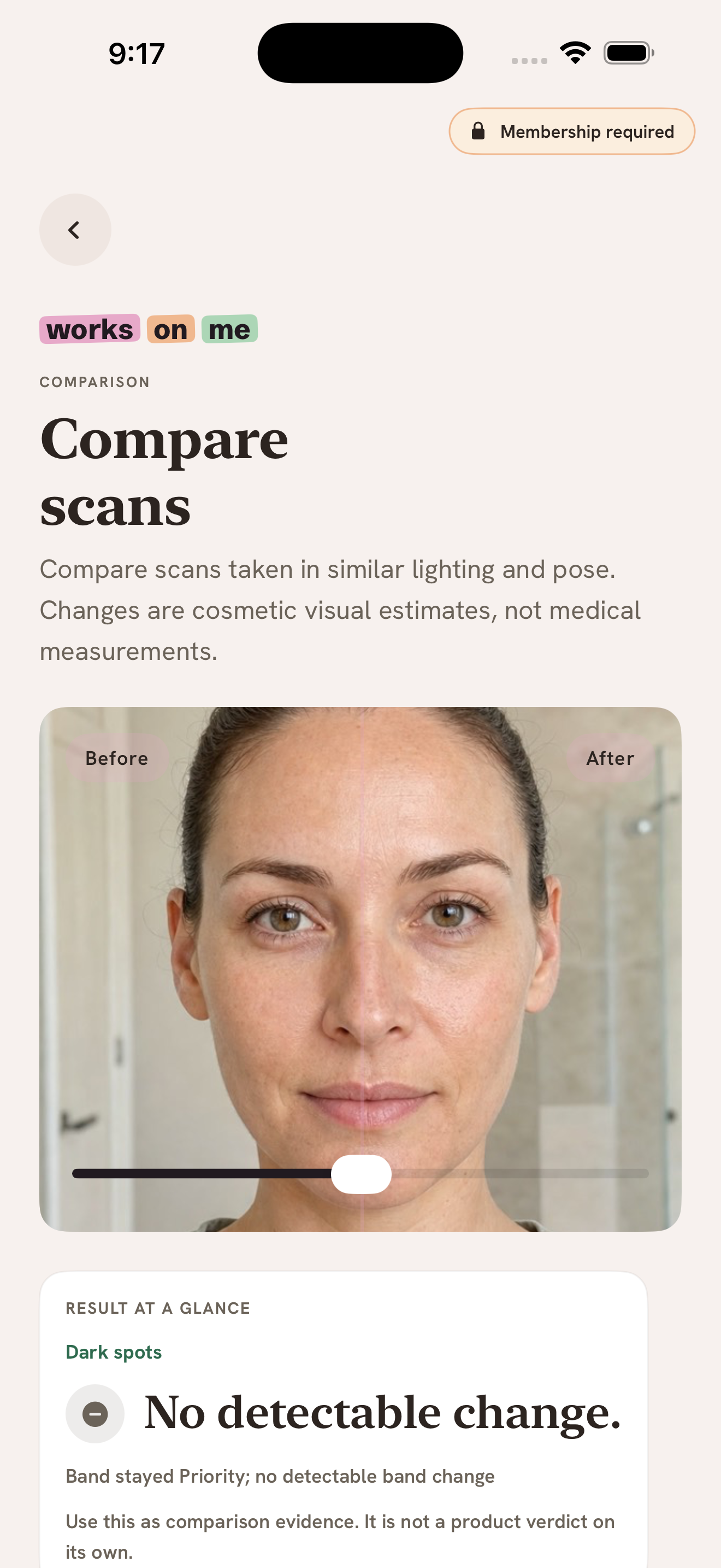 Works On Me comparison screen with matched scan context